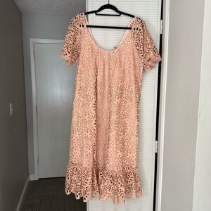DX Collection Elegant Pink Peach Lace Dress Gold and Ruffle Detail